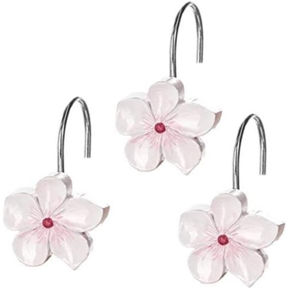 White Shower Curtain Hooks Set of 12 White & Pink Flower Shower Curtain Hooks - Picture 2 of 7